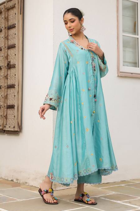 Buy_Label Niti Bothra_Blue Cotton Pom-poms, Embroidery, Tassels V-neck Floral Anarkali Set _Online_at_Aza_Fashions