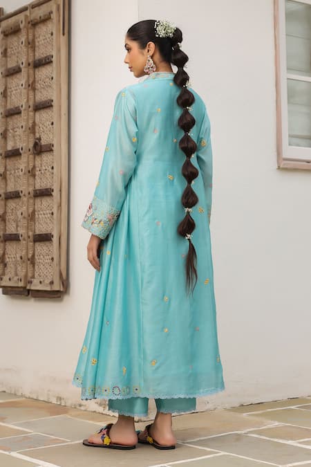 Shop_Label Niti Bothra_Blue Cotton Pom-poms, Embroidery, Tassels V-neck Floral Anarkali Set _at_Aza_Fashions