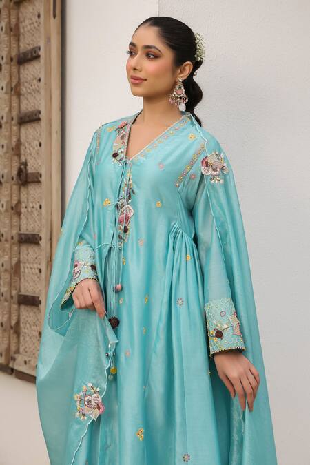 Shop_Label Niti Bothra_Blue Cotton Pom-poms, Embroidery, Tassels V-neck Floral Anarkali Set _Online_at_Aza_Fashions