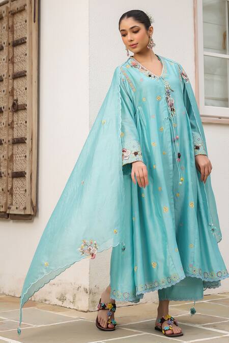Label Niti Bothra_Blue Cotton Pom-poms, Embroidery, Tassels V-neck Floral Anarkali Set _at_Aza_Fashions