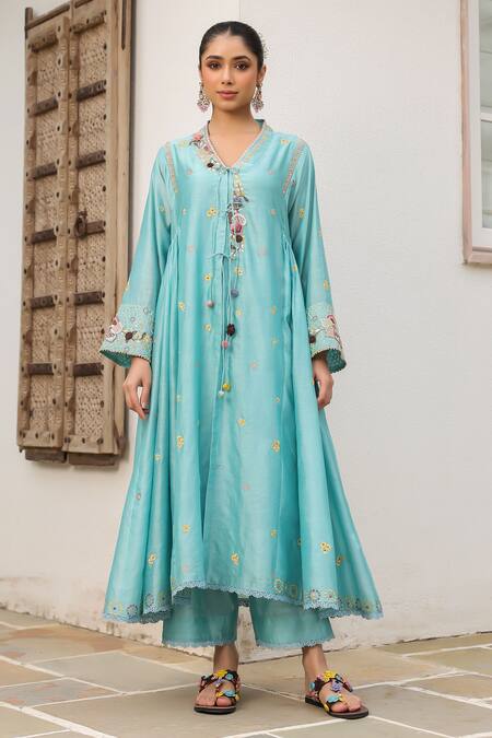 Buy_Label Niti Bothra_Blue Cotton Pom-poms, Embroidery, Tassels V-neck Floral Anarkali Set 