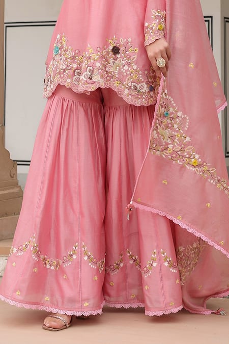 Label Niti Bothra Pink Silk, Chanderi, Chiffon Embroidery, Tassels Round Neck Floral Sharara Set Online at Aza Fashions Label Niti Bothra_Pink Silk, Chanderi, Chiffon Embroidery, Tassels Round Neck Floral Sharara Set _Online_at_Aza_Fashions