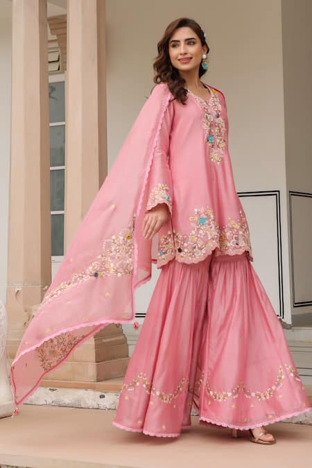 Buy_Label Niti Bothra_Pink Silk, Chanderi, Chiffon Embroidery, Tassels Round Neck Floral Sharara Set _Online_at_Aza_Fashions