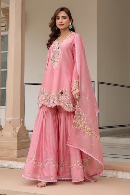 Shop_Label Niti Bothra_Pink Silk, Chanderi, Chiffon Embroidery, Tassels Round Neck Floral Sharara Set _Online_at_Aza_Fashions