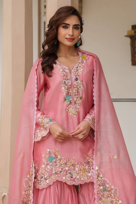Label Niti Bothra_Pink Silk, Chanderi, Chiffon Embroidery, Tassels Round Neck Floral Sharara Set _at_Aza_Fashions