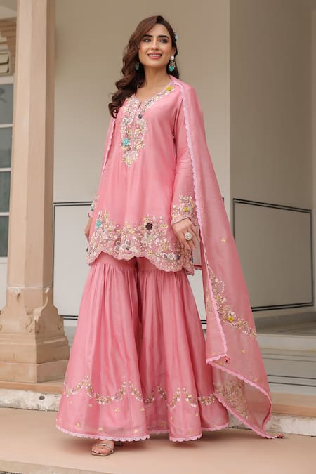 Buy_Label Niti Bothra_Pink Silk, Chanderi, Chiffon Embroidery, Tassels Round Neck Floral Sharara Set 