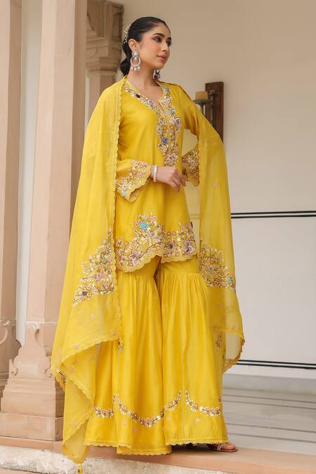 Buy_Label Niti Bothra_Yellow Cotton, Chiffon Sequins, Embroidery Round Neck Sharara Set _Online_at_Aza_Fashions
