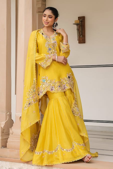Shop_Label Niti Bothra_Yellow Cotton, Chiffon Sequins, Embroidery Round Neck Sharara Set _Online_at_Aza_Fashions