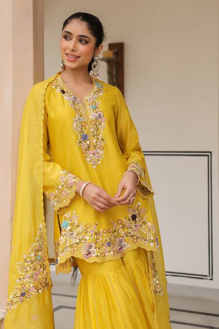 Label Niti Bothra_Yellow Cotton, Chiffon Sequins, Embroidery Round Neck Sharara Set _at_Aza_Fashions