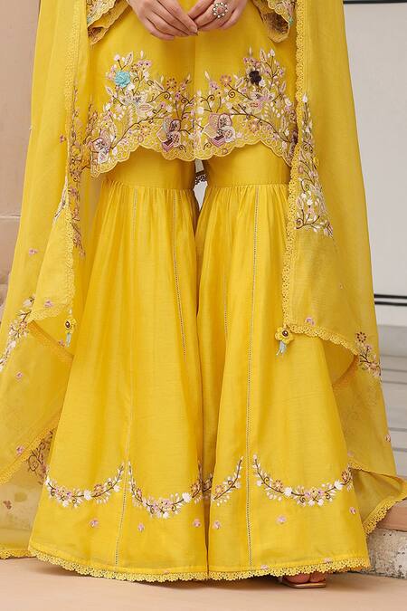 Buy_Label Niti Bothra_Yellow Cotton, Chiffon Sequins, Embroidery Round Neck Sharara Set 