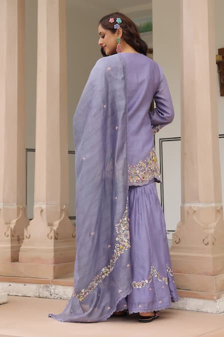 Shop_Label Niti Bothra_Purple , , Beads, Floral Kurta Sharara Set _at_Aza_Fashions