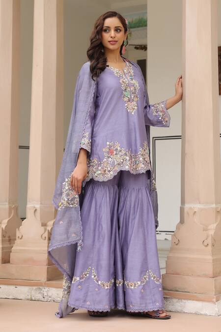 Buy_Label Niti Bothra_Purple , , Beads, Floral Kurta Sharara Set _Online_at_Aza_Fashions
