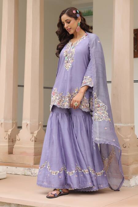 Shop_Label Niti Bothra_Purple , , Beads, Floral Kurta Sharara Set _Online_at_Aza_Fashions