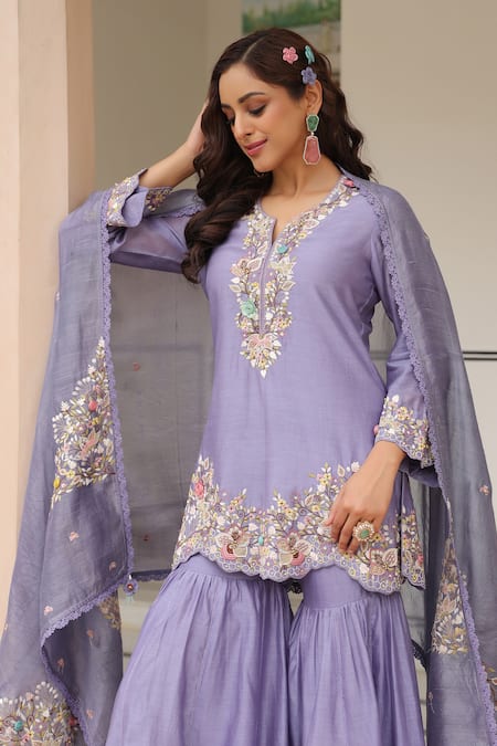 Label Niti Bothra_Purple , , Beads, Floral Kurta Sharara Set _at_Aza_Fashions