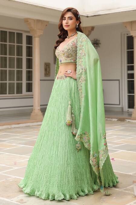 Buy_Label Niti Bothra_Green Silk Embroidery, Sequins V-neck Fusion Lehenga Set _Online_at_Aza_Fashions