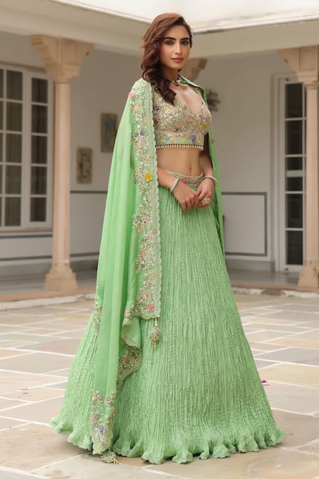 Shop_Label Niti Bothra_Green Silk Embroidery, Sequins V-neck Fusion Lehenga Set _Online_at_Aza_Fashions