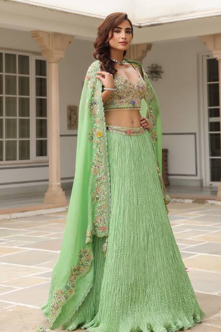 Label Niti Bothra_Green Silk Embroidery, Sequins V-neck Fusion Lehenga Set _at_Aza_Fashions