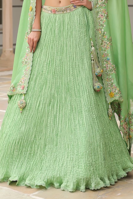 Buy_Label Niti Bothra_Green Silk Embroidery, Sequins V-neck Fusion Lehenga Set 