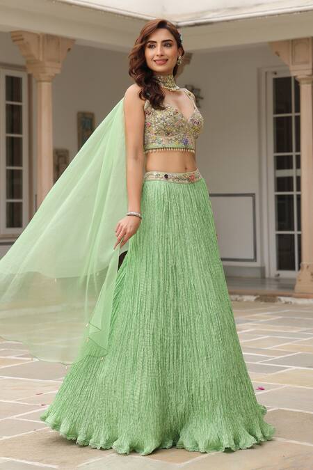 Label Niti Bothra_Green Silk, Organza Cut Work, Beads, Pearls, Embroidery Round Fusion Lehenga Set _Online_at_Aza_Fashions