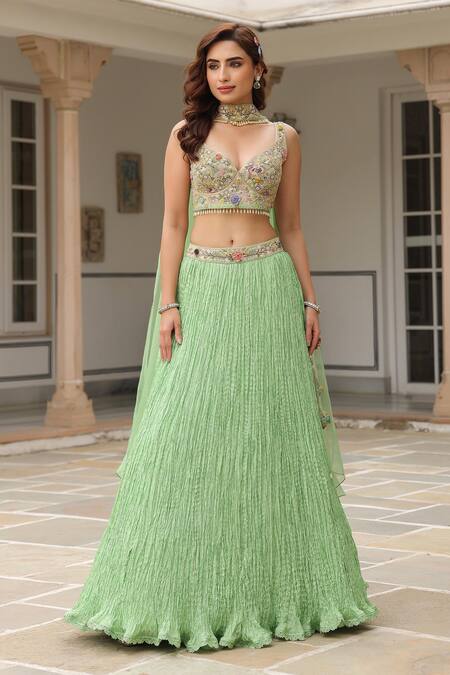 Label Niti Bothra_Green Silk, Organza Cut Work, Beads, Pearls, Embroidery Round Fusion Lehenga Set _at_Aza_Fashions