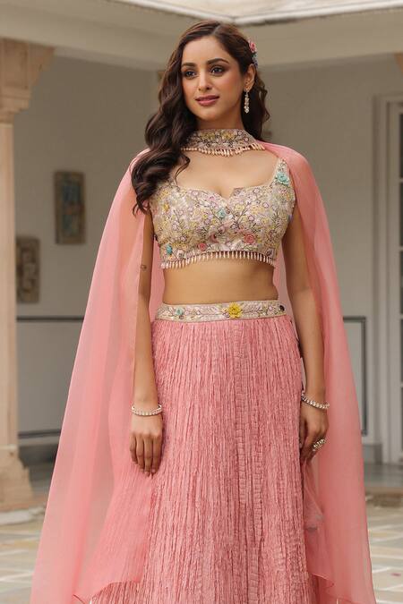 Label Niti Bothra_Pink Silk, Chiffon Beads, Embroidery Round Neck Fusion Lehenga Set _Online_at_Aza_Fashions