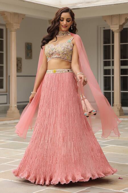 Buy_Label Niti Bothra_Pink Silk, Chiffon Beads, Embroidery Round Neck Fusion Lehenga Set _Online_at_Aza_Fashions