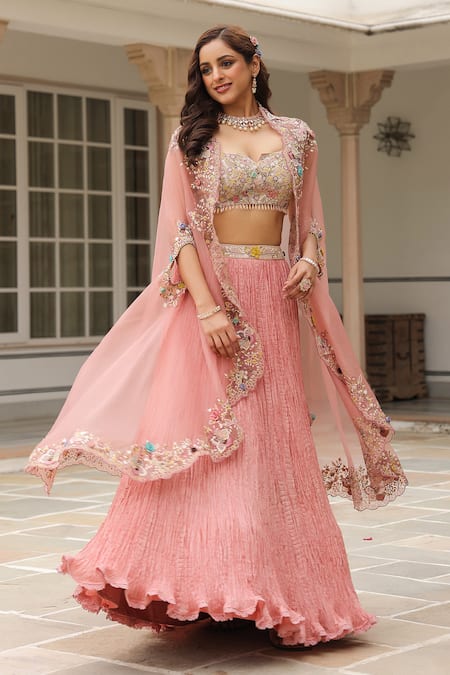 Label Niti Bothra_Pink Chiffon Embroidery, Sequins Lehenga Set With Cape _Online_at_Aza_Fashions
