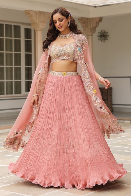Label Niti Bothra_Pink Chiffon Embroidery, Sequins Lehenga Set With Cape _at_Aza_Fashions