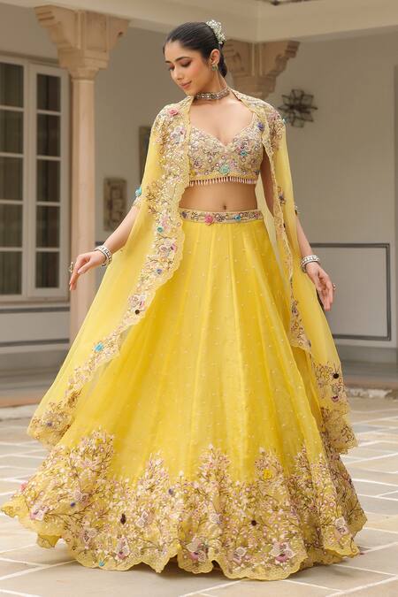 Label Niti Bothra_Yellow Organza Sequins, Embroidery Lehenga Set With Cape _Online_at_Aza_Fashions