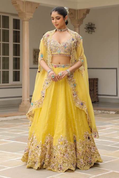 Buy_Label Niti Bothra_Yellow Organza Sequins, Embroidery Lehenga Set With Cape _Online_at_Aza_Fashions