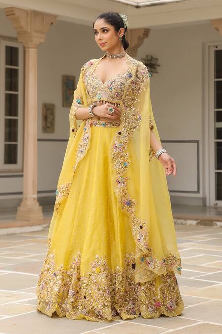 Buy_Label Niti Bothra_Yellow Organza Sequins, Embroidery Lehenga Set With Cape 