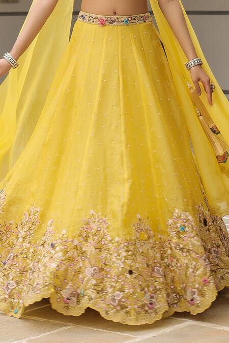 Buy Label Niti Bothra Yellow Chiffon Embroidery, Sequins Plunge Neck Lehenga Set Online at Aza Fashions Buy_Label Niti Bothra_Yellow Chiffon Embroidery, Sequins Plunge Neck Lehenga Set _Online_at_Aza_Fashions