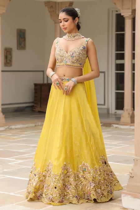 Shop_Label Niti Bothra_Yellow Chiffon Embroidery, Sequins Plunge Neck Lehenga Set _Online_at_Aza_Fashions