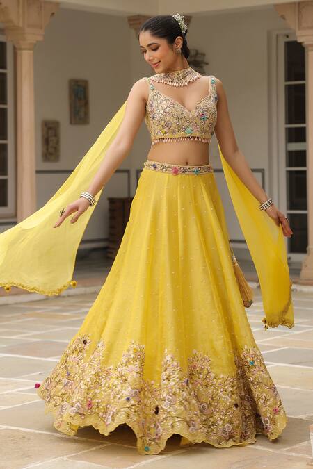 Label Niti Bothra_Yellow Chiffon Embroidery, Sequins Plunge Neck Lehenga Set _at_Aza_Fashions