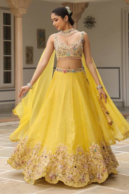 Buy_Label Niti Bothra_Yellow Chiffon Embroidery, Sequins Plunge Neck Lehenga Set 