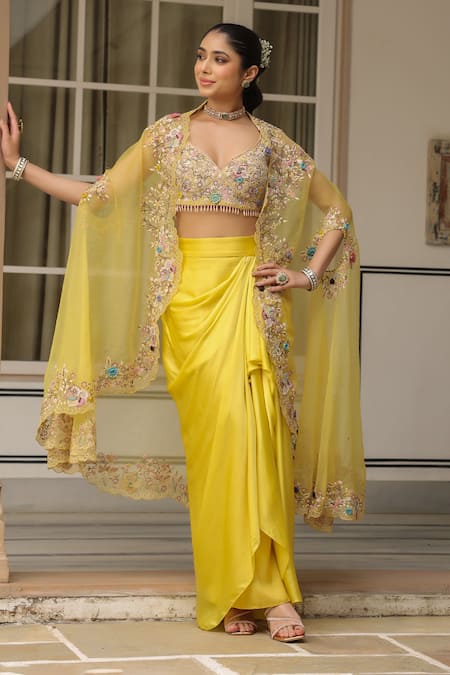 Label Niti Bothra_Yellow Embroidered Cape And Draped Skirt Set _Online_at_Aza_Fashions