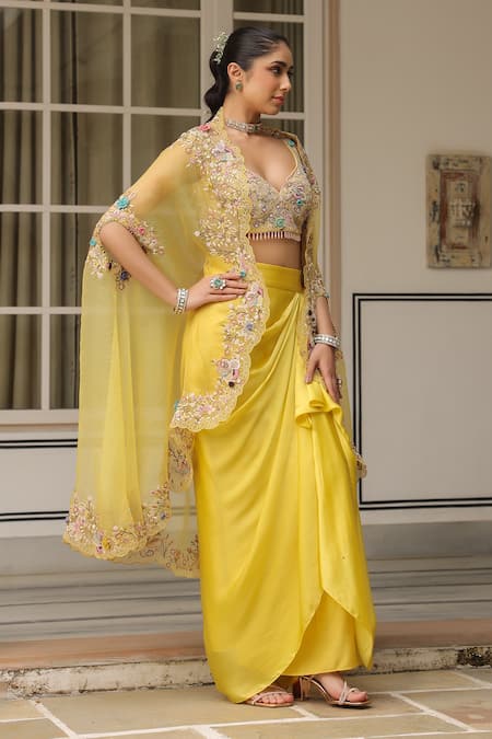 Shop_Label Niti Bothra_Yellow Embroidered Cape And Draped Skirt Set _at_Aza_Fashions