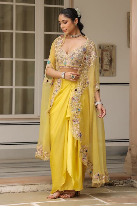 Shop_Label Niti Bothra_Yellow Embroidered Cape And Draped Skirt Set _Online_at_Aza_Fashions