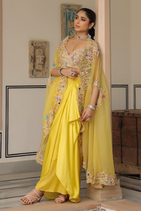 Label Niti Bothra_Yellow Embroidered Cape And Draped Skirt Set _at_Aza_Fashions