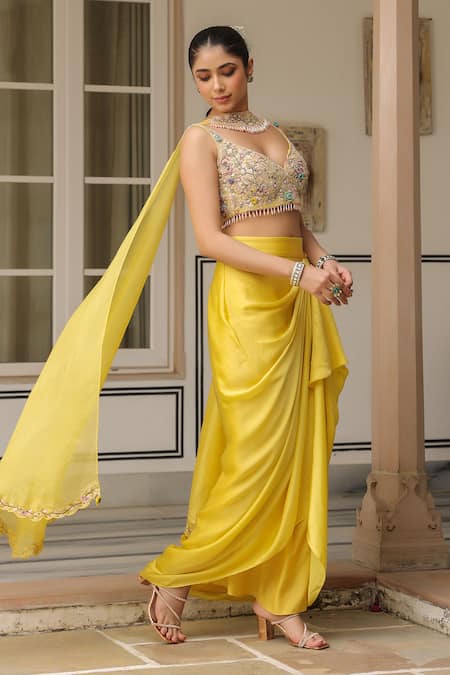 Label Niti Bothra_Yellow Organza, Silk, Polyester, Chiffon Sequins, Embroidery Scoop Skirt Set _at_Aza_Fashions