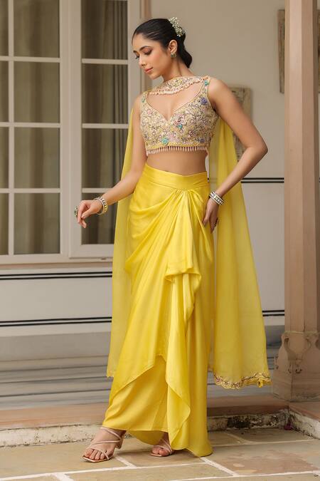 Buy_Label Niti Bothra_Yellow Organza, Silk, Polyester, Chiffon Sequins, Embroidery Scoop Skirt Set 