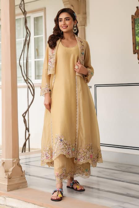 Label Niti Bothra_Yellow Silk, Organza, Chanderi Embroidery Round Neck Jacket Style Kurta Set _Online_at_Aza_Fashions