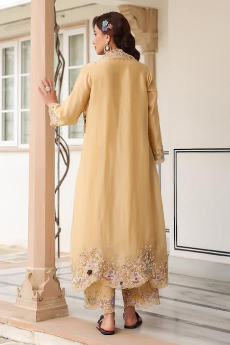 Shop_Label Niti Bothra_Yellow Silk, Organza, Chanderi Embroidery Round Neck Jacket Style Kurta Set _at_Aza_Fashions