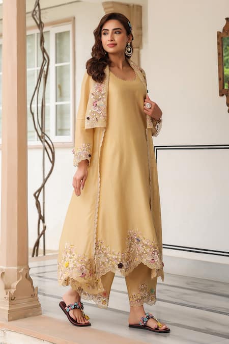 Buy_Label Niti Bothra_Yellow Silk, Organza, Chanderi Embroidery Round Neck Jacket Style Kurta Set _Online_at_Aza_Fashions