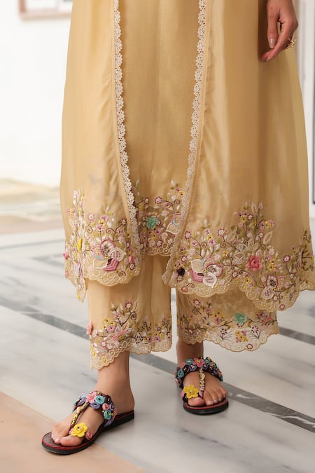 Shop_Label Niti Bothra_Yellow Silk, Organza, Chanderi Embroidery Round Neck Jacket Style Kurta Set _Online_at_Aza_Fashions