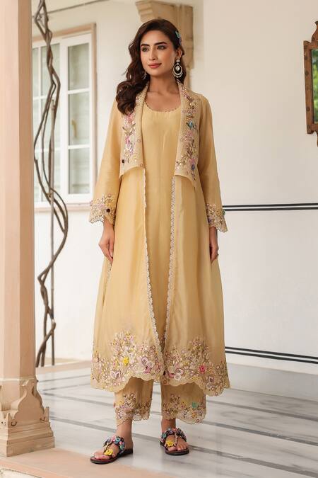 Label Niti Bothra_Yellow Silk, Organza, Chanderi Embroidery Round Neck Jacket Style Kurta Set _at_Aza_Fashions