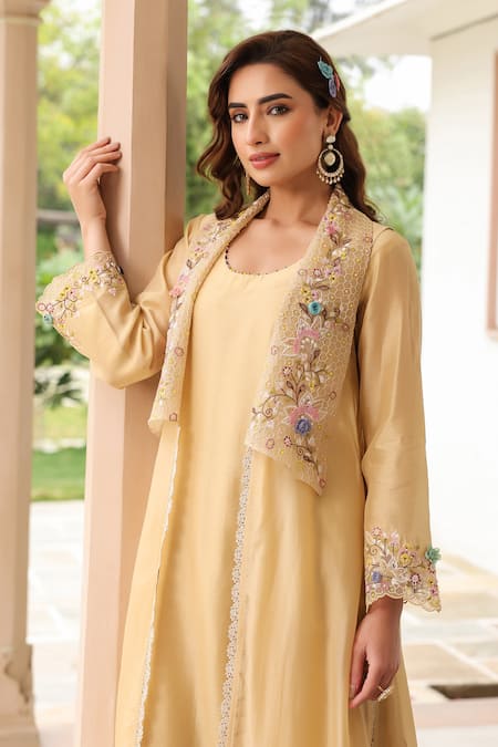 Buy_Label Niti Bothra_Yellow Silk, Organza, Chanderi Embroidery Round Neck Jacket Style Kurta Set 
