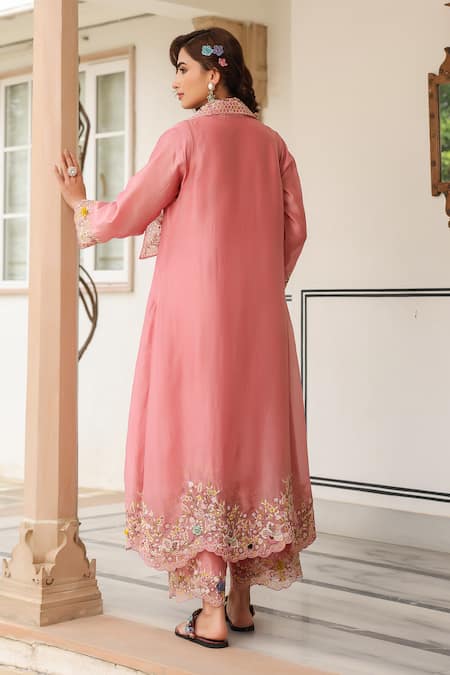 Shop_Label Niti Bothra_Pink Chanderi, Silk, Organza Embroidery Round Neck Jacket Style Kurta Set _at_Aza_Fashions