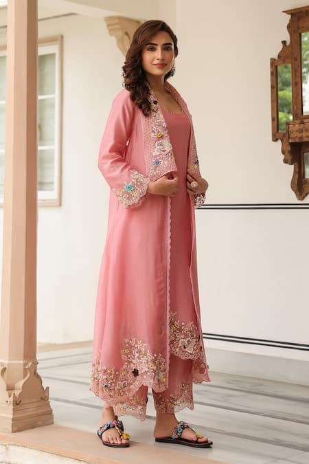 Label Niti Bothra_Pink Chanderi, Silk, Organza Embroidery Round Neck Jacket Style Kurta Set _Online_at_Aza_Fashions