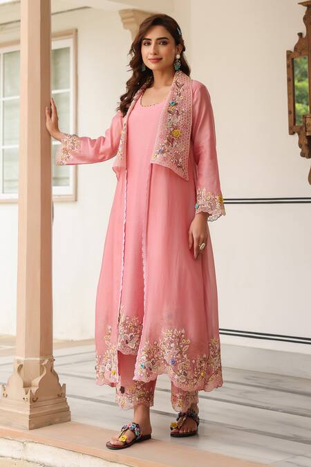 Buy_Label Niti Bothra_Pink Chanderi, Silk, Organza Embroidery Round Neck Jacket Style Kurta Set _Online_at_Aza_Fashions